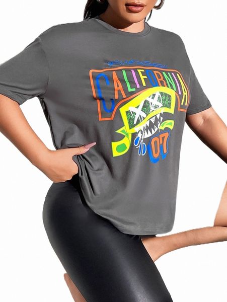 

women's t-shirt sxy letter & expression print drop shoulder tee v1b7#, White