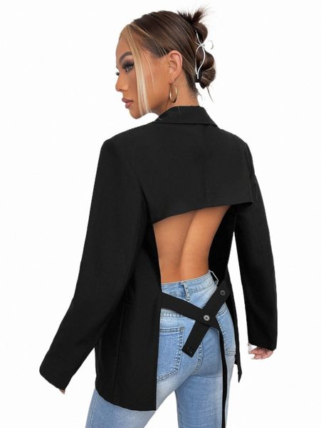 

women's two piece pants strap detail backless single breasted blazer u6gl#, White