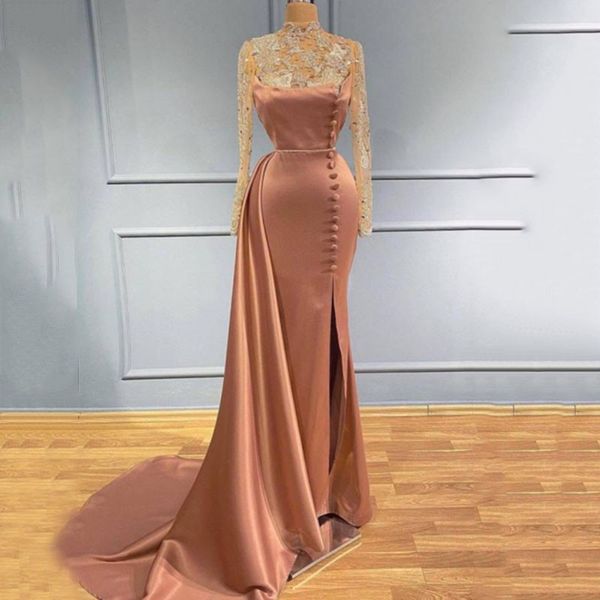 

satin prom dresses princess long sleeves high neck buttons appliques sequins beaded side slit evening dresses fashion floor length party gow, Black