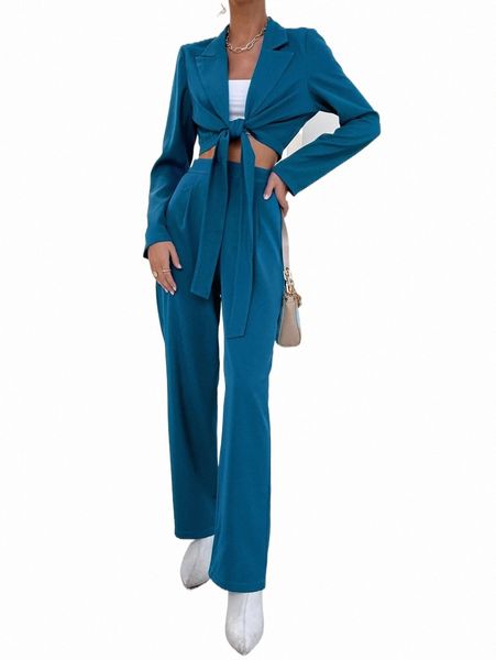 

two piece dress lapel neck tie front crop blazer & pants e9q5#, White