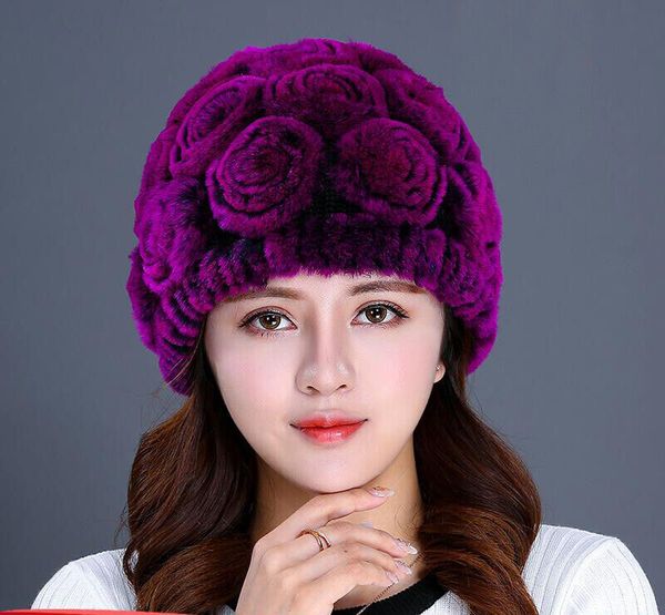 

winter warm fur hat women's real rex rabbit rose cap hand-made skullies beanies, Blue;gray