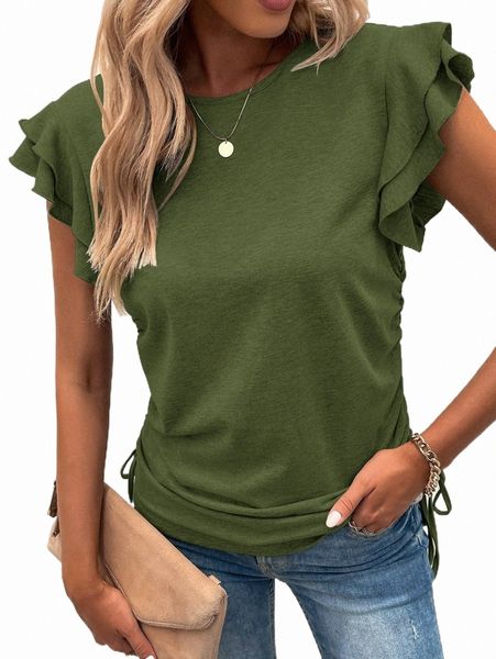 

women's t-shirt layered sleeve drawstring side tee m0vg#, White