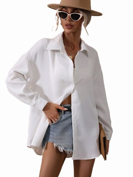 

women's blouses & shirts solid drop shoulder curved hem shirt u8fq#, White