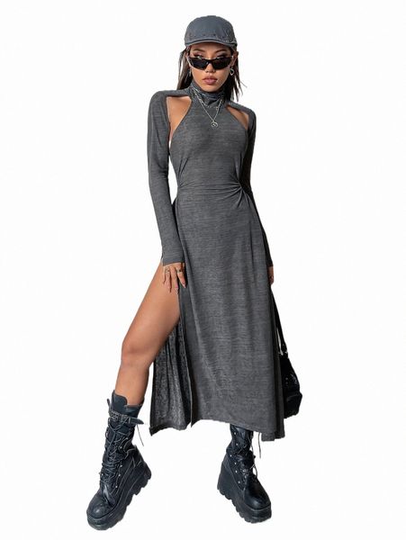 

casual dresses tie backless cut out split thigh dress 27g1#, Black;gray