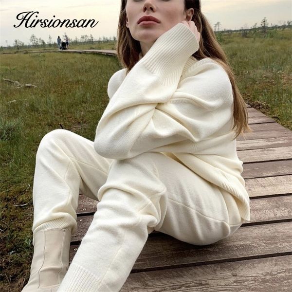 

womens two piece pants hirsionsan winter thick women suits 2 pieces female set tracksuit turtleneck sweater carrot jogging soft knitted outw, White