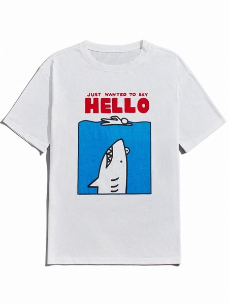 

men's t-shirts romwe x everydayfish guys shark print tee 46bh#, White;black