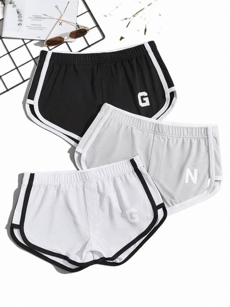 

men's sleepwear men 3pcs letter graphic contrast binding sleep shorts k1rk#, Black;brown