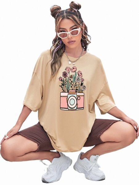 

women's t-shirt camera and floral print drop shoulder oversized tee d8dv#, White