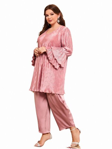 

plus size dresses plus lettuce trim ruffle layered cuff & pants g1et#, Black