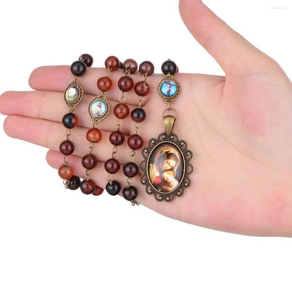 

pendant necklaces prayer natural agate beads chain servite rosary of the seven sorrows our lady virgin mary necklace for men women jewelry, Silver