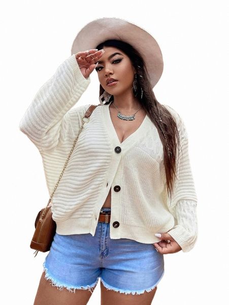 

plus size t-shirt plus drop shoulder cable knit cardigan 90cq#, Black