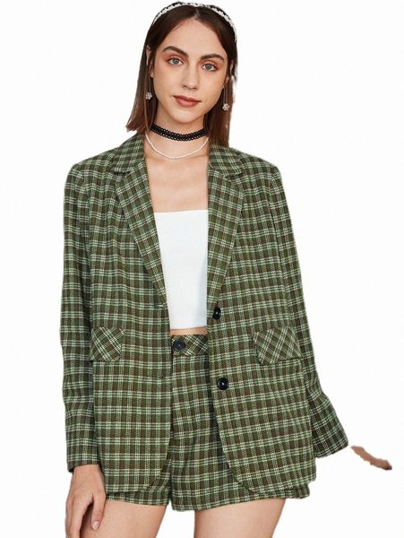 

women's two piece pants plaid single breasted blazer d5t8#, White