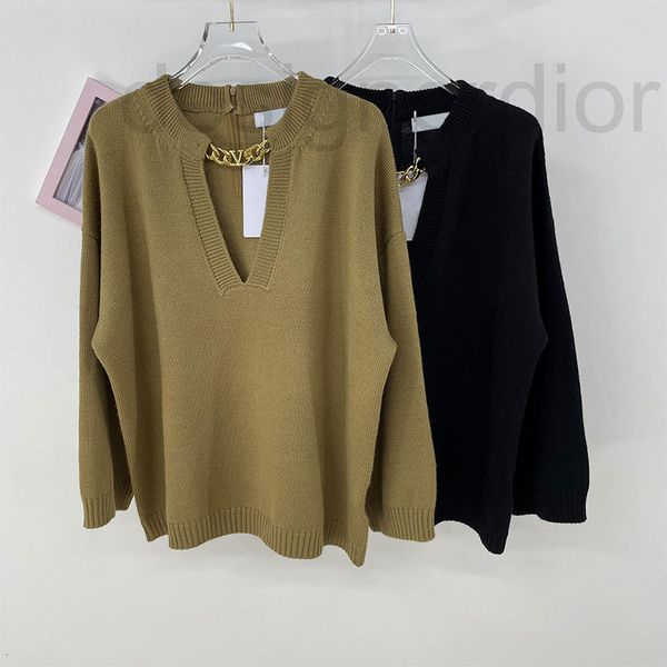 

women's knits & tees designer high end pure color wool sweater women small loose thin fashionable metal chain v-neck sweater, White
