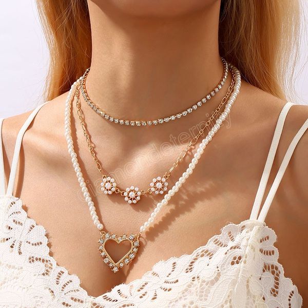 

gold necklaces statement multi-layers hollow heart flower pendant necklace women party jewelry, Silver