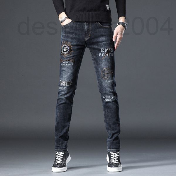 

men's jeans designer in the autumn of 2022 european high-end old diamond encrusted embroidered new elastic slim fit small feet dark gra, Blue