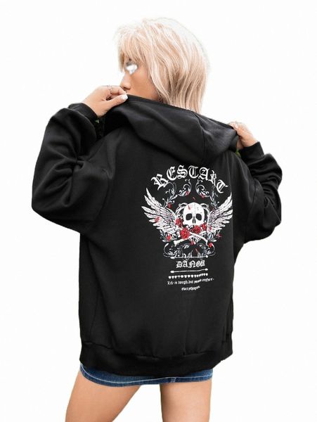 

women's hoodies & sweatshirts grunge skull & slogan graphic zip up drop shoulder hoodie n6d4#, Black