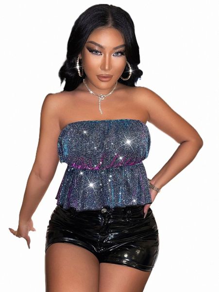 

women's t-shirt glitter ruffle hem tube 2022 new 46we#, White