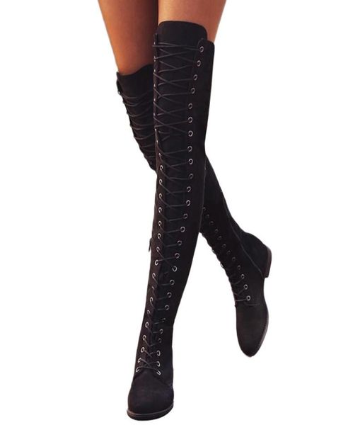 

2019 overtheknee female winter woman lace up women shoes suede thigh, Black