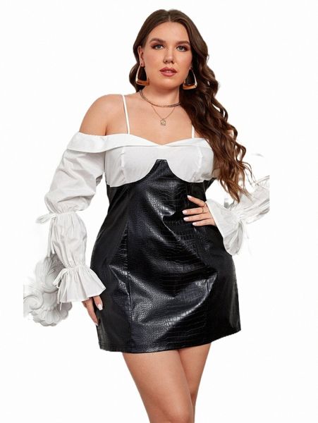 

plus size dresses x sunni nichole designs plus cold shoulder gathered sleeve knot side pu leather dress w2xx#, Black