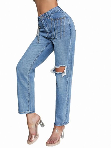 

women's jeans high waist chain detail ripped straight leg jeans p7cj#, Blue