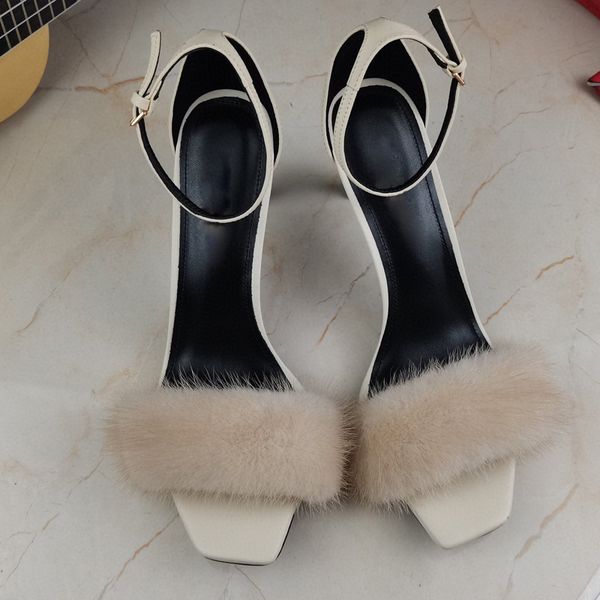 

2022 lady sheepskin leather ladies sandals 8.5cm high heel shoes mink hair buckle open toe peep-toe europe and america the catwalk wedding p, Black