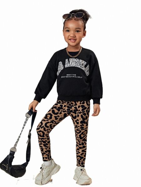 

others apparel toddler girls slogan graphic pullover & leopard leggings t47r#, Black;white