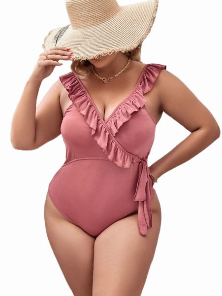 

plus size swimwear plus ruffle trim knot side bodysuit k0wc#, Black