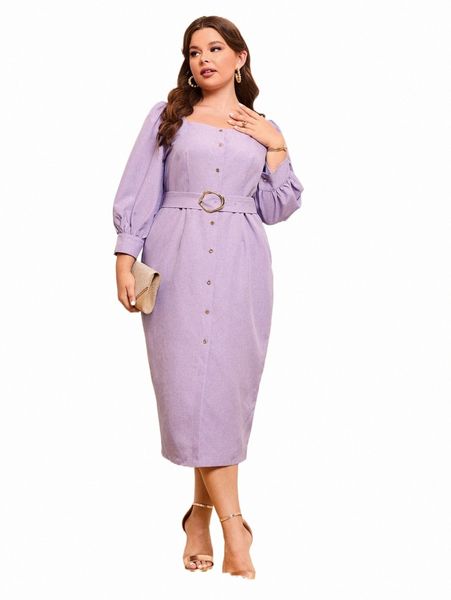 

plus size dresses plus square neck button front belted dress m8w4#, Black