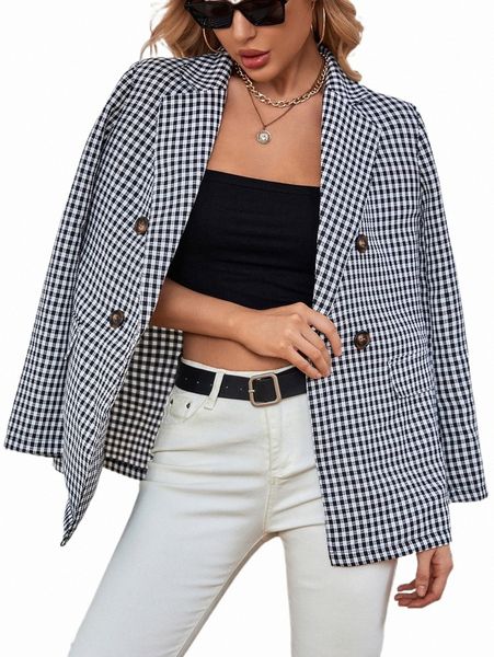 

women's two piece pants gingham print double breasted blazer a2jj#, White