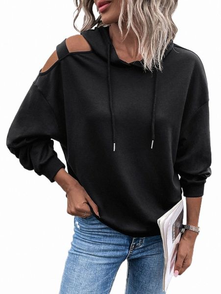 

women's hoodies & sweatshirts cut out drop shoulder drawstring hoodie l5qp#, Black