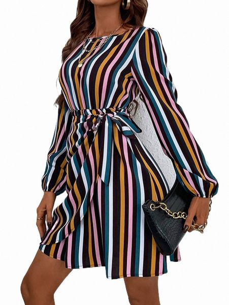 

casual dresses striped print lantern sleeve belted dress c54x#, Black;gray
