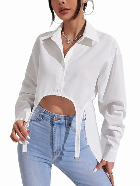 

women's blouses & shirts drop shoulder crop garter shirt t59u#, White