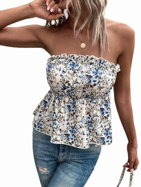 

women's t-shirt floral print frill trim tube u6vl#, White