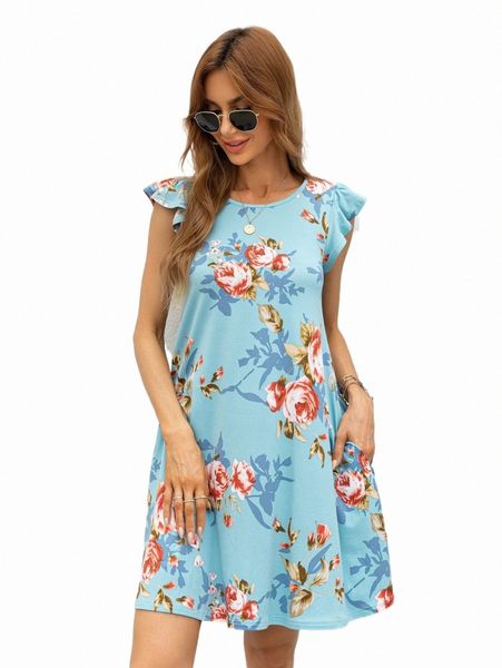 

casual dresses dearcase floral print ruffle trim tunic dress 65fn#, Black;gray