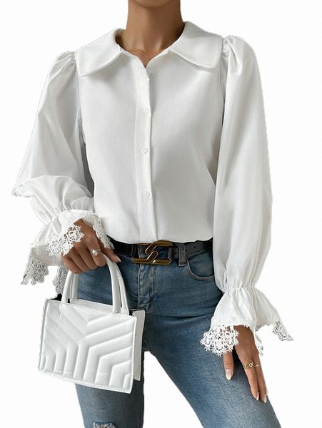 

women's blouses & shirts guipure lace insert flounce sleeve shirt 98m4#, White