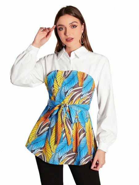 

women's blouses & shirts tropical print belted blouse y15s#, White