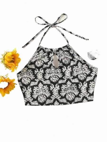 

women's tanks & camis self tie floral print halter g5lg#, White
