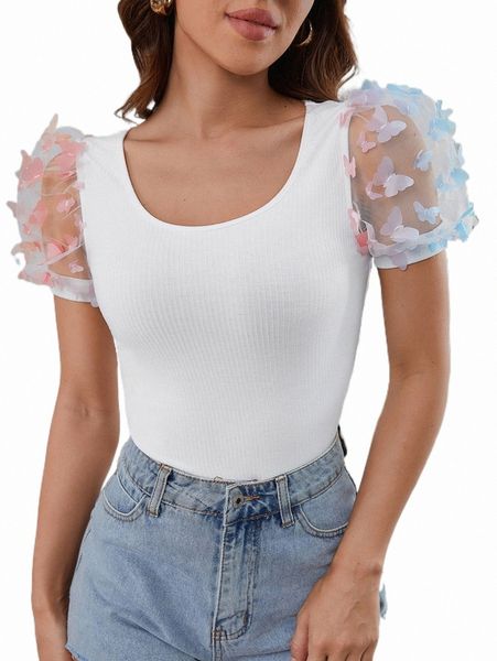 

women's t-shirt appliques mesh puff sleeve tee y1be#, White