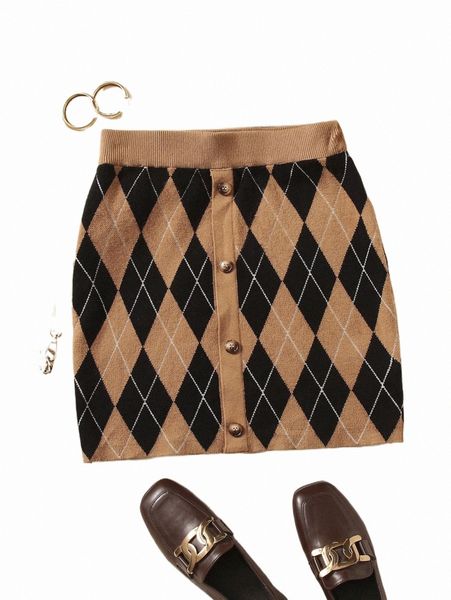 

women's sweaters argyle pattern button detail knit skirt r78m#, White;black