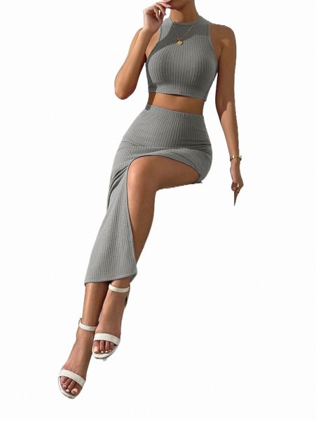

two piece dress waffle knit crop tank & split thigh skirt x2uk#, White