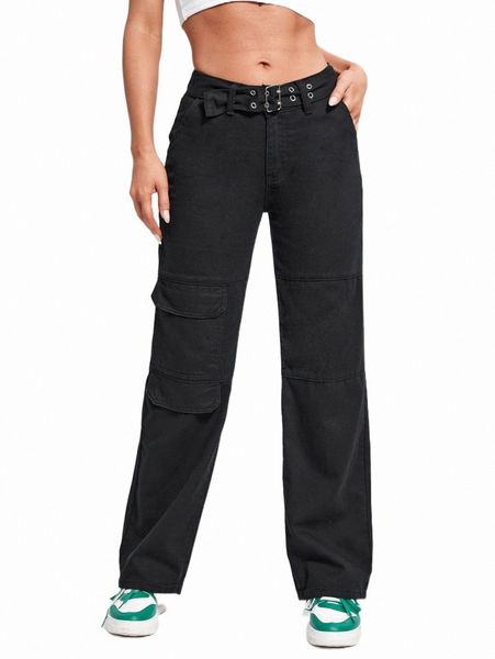 

women's jeans flap pocket eyelet buckled belted cargo jeans r7uh#, Blue