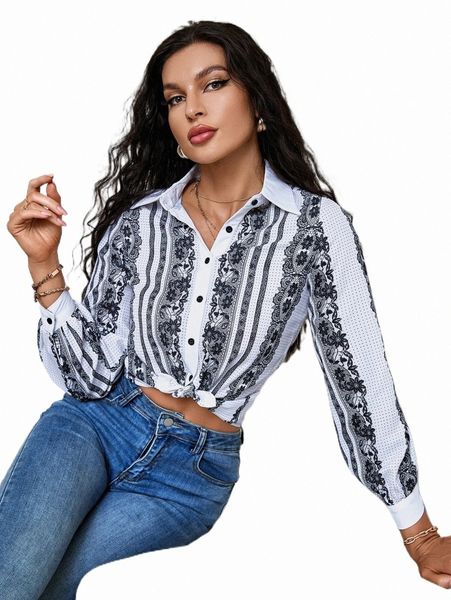 

women's blouses & shirts floral print button front shirt k9en#, White