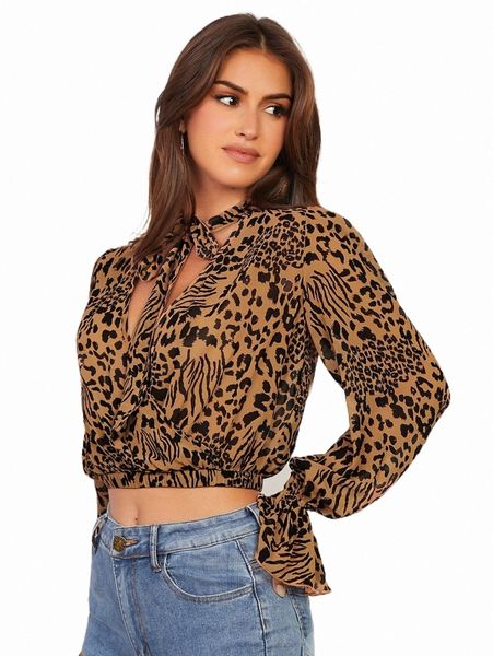 

women's blouses & shirts tie neck flounce sleeve leopard q2r0#, White