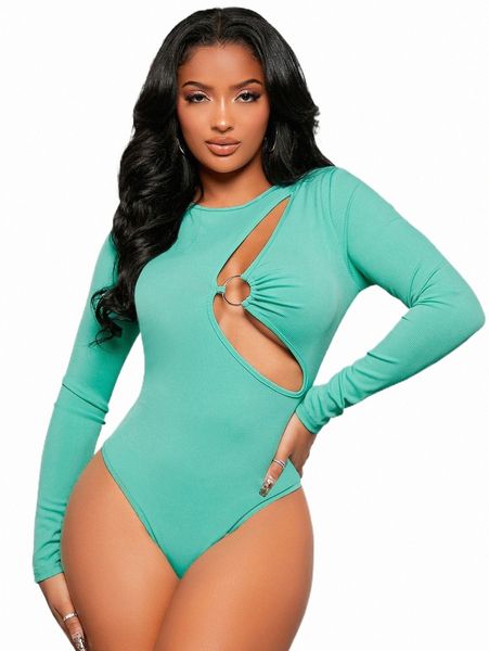 

women's t-shirt sxy o-ring cut out rib-knit bodysuit f9be#, White