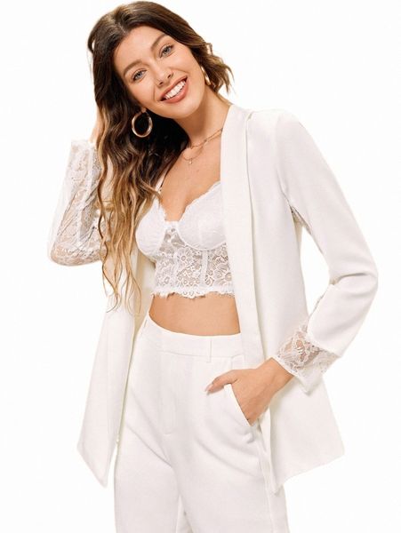 

women's two piece pants x mina lace panel shawl collar blazer z1zk#, White
