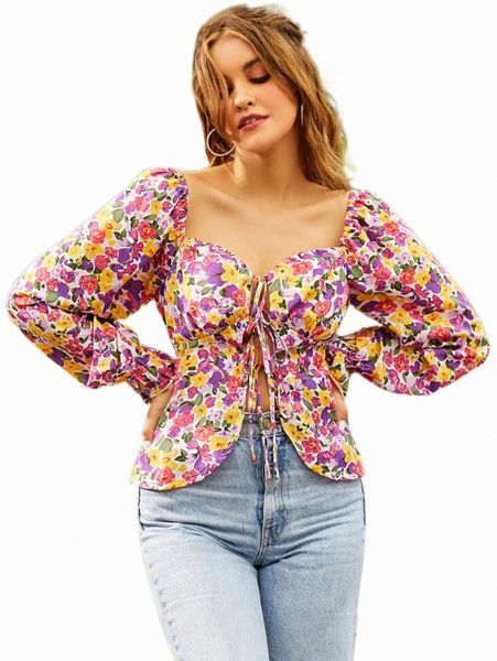 

women's blouses & shirts sbetro allover floral print knot front flounce sleeve peplum blouse 76ro#, White