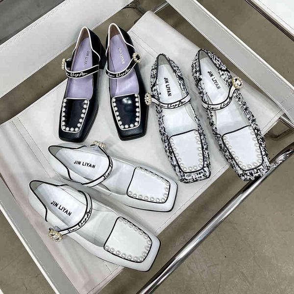 

dress shoes french pearl mary jane small leather shoes women's summer shallow mouth square head thick middle heel genuine one button, Black