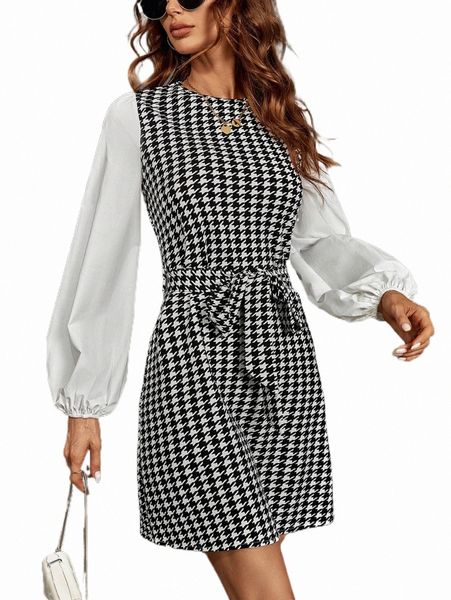 

casual dresses houndstooth print lantern sleeve belted dress d2i6#, Black;gray