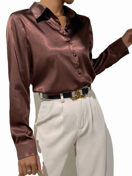 

women's blouses & shirts solid button front satin shirt r9ye#, White