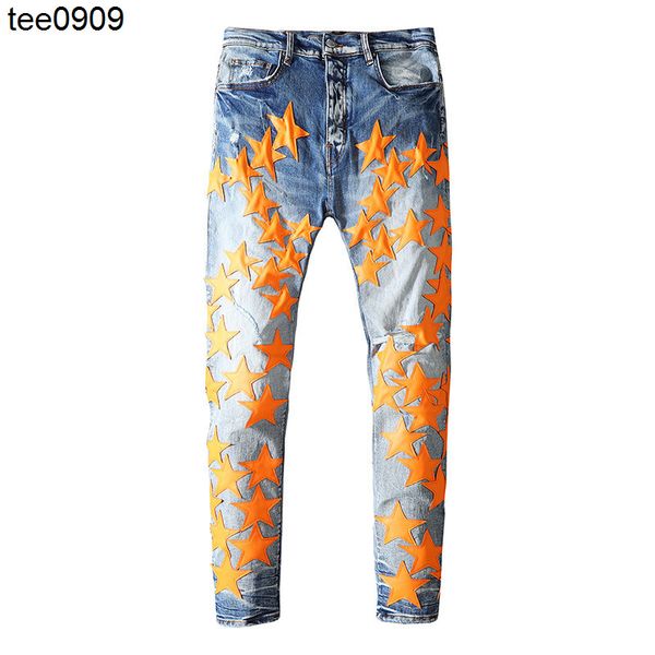 

star pierced jeans men's summer slim fit thin men's leggings trend, Blue